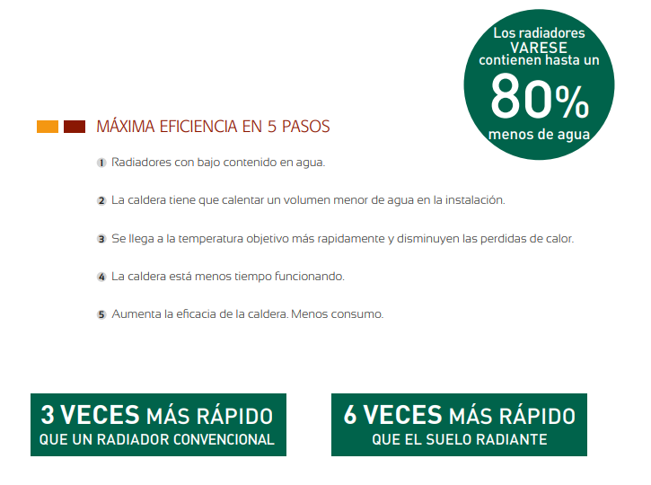 El modelo VARESE HE destaca por su bajo contenido de agua (hasta un 80% menos), lo que permite que el sistema alcance la temperatura objetivo en menos tiempo, reduciendo las pérdidas térmicas y optimizando el rendimiento del generador de calor.